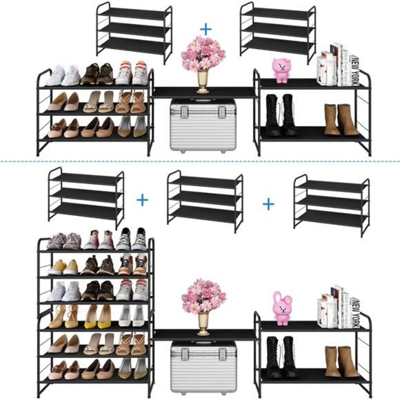 3-Tier Stackable Shoe Rack, Expandable & Adjustable Fabric Shoe Shelf Storage - Picture 6 of 7